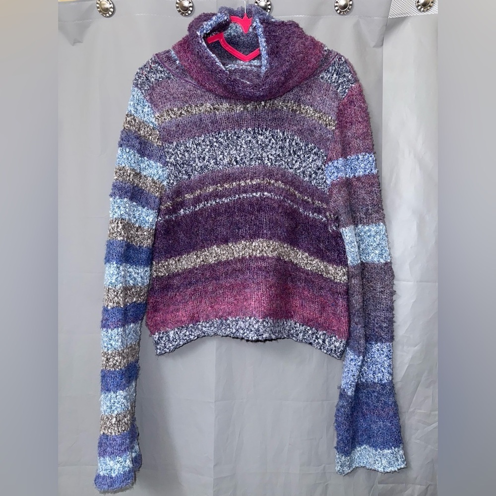 Free People My Girl Fluffy Striped Turtleneck Cropped Sweater Size M